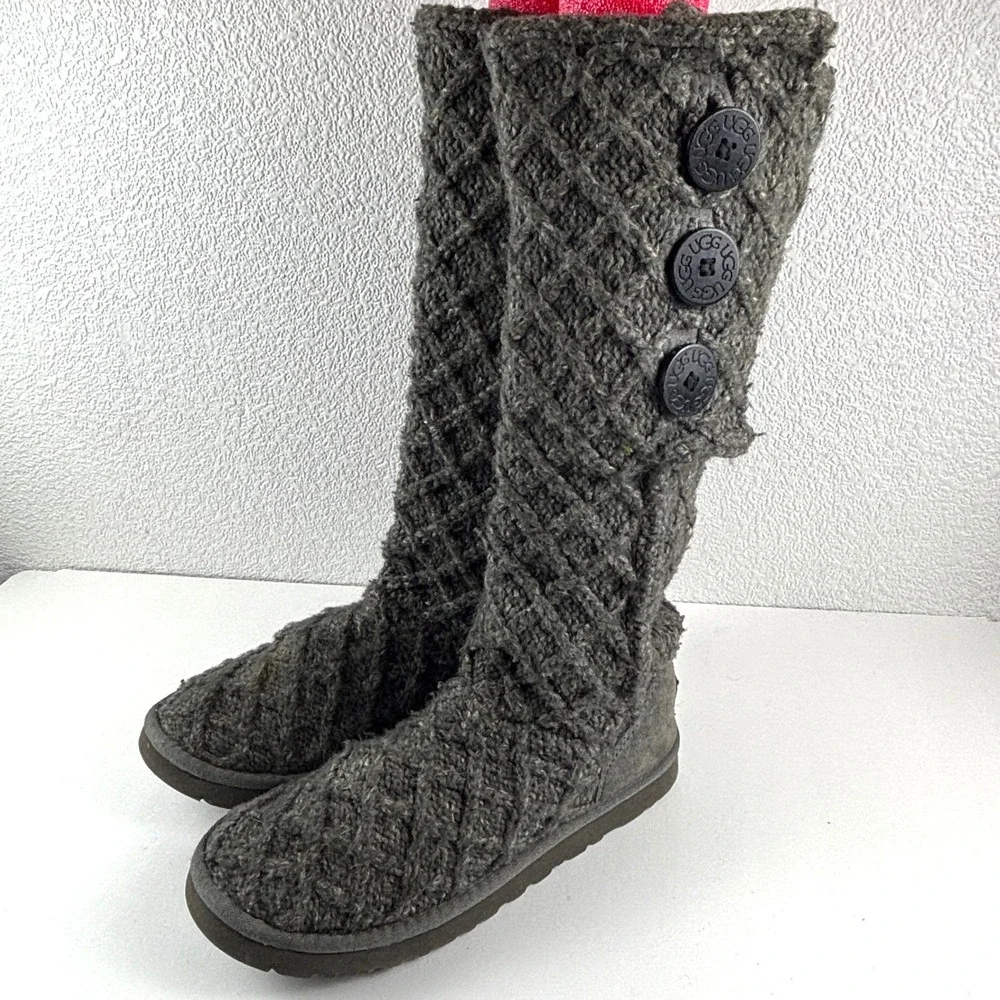 UGG Lattice Cardy Boots Women 7 Grey Knit Button Tall 3066 Cottagecore Cabincore